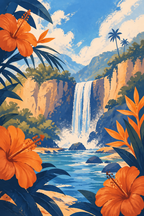 Tropical Waterfall Wall Art, Hibiscus Landscape Poster, Coastal Botanical Decor