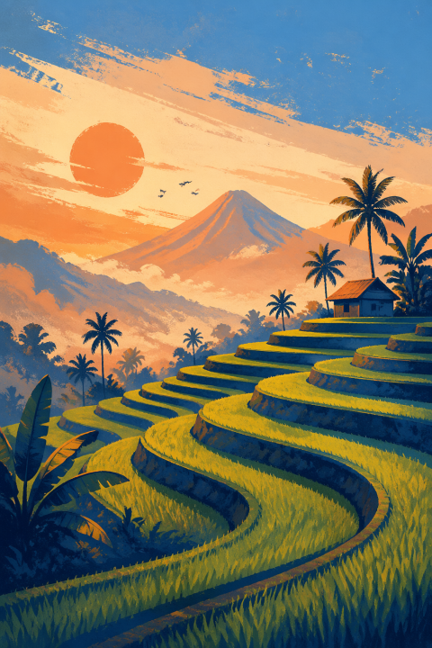 Rice Terrace Wall Art, Tropical Landscape Poster, Mountain Sunset Decor