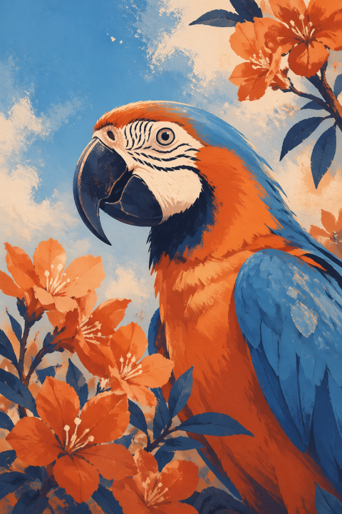 Macaw Wall Art, Tropical Bird Poster, Blue Orange Botanical Decor