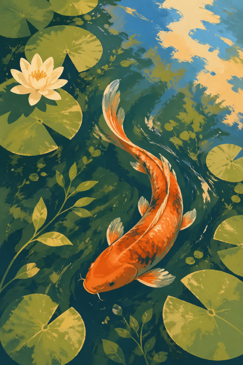 Koi Fish Wall Art, Japanese Pond Poster, Water Lily Decor