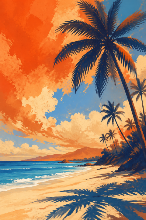 Tropical Beach Wall Art, Palm Tree Coastal Poster, Hawaiian Sunset Decor