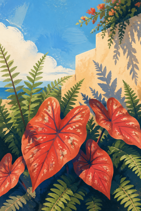 Tropical Botanical Wall Art, Mediterranean Coastal Poster, Terracotta Leaf Decor