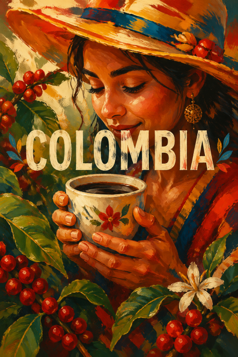 Colombia Coffee Art Print, Woman With Coffee Poster, Kitchen Wall Decor