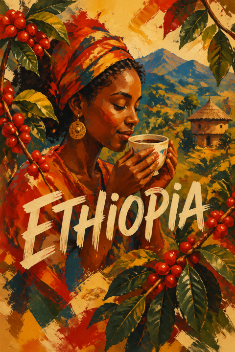 Ethiopian Coffee Art Print, Traditional African Wall Decor, Vintage Kitchen Poster