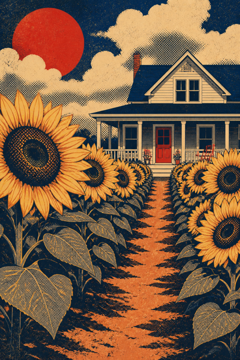 Sunflower Field Farmhouse Wall Art, Rural Landscape Decor, Vintage Countryside Poster