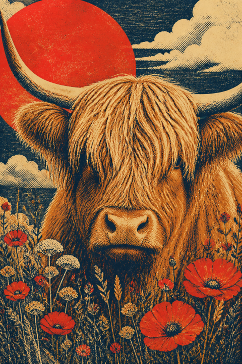 Highland Cow Wall Art, Farmhouse Animal Decor, Red Sun Poppy Field Print
