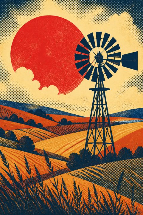 Farm Windmill Art Print, Midwest Landscape Wall Decor, Retro Americana Poster