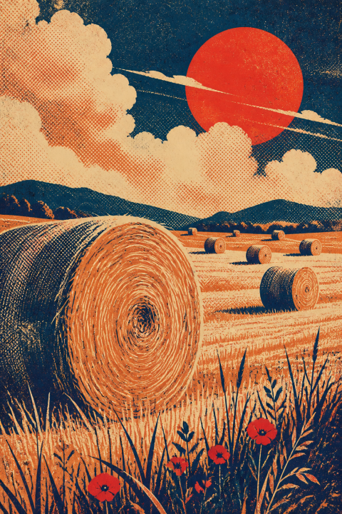 Hay Bale Field Art Print, Rustic Farmhouse Decor, Sunset Countryside Wall Art