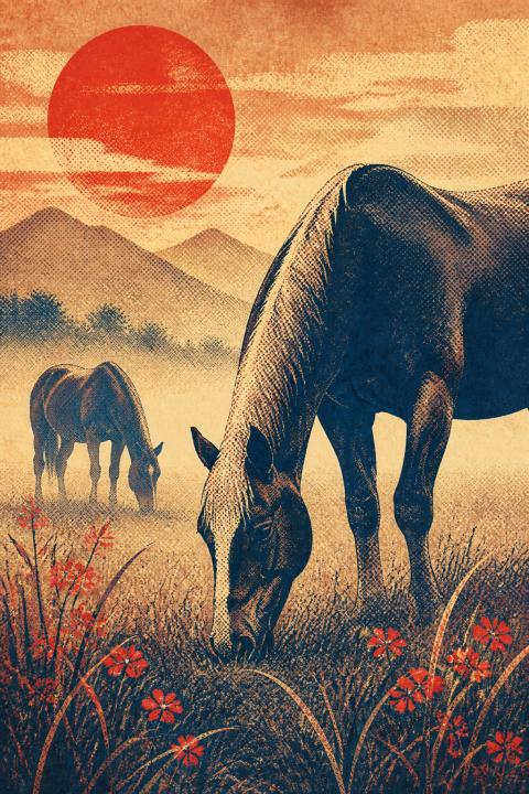 Grazing Horses Wall Art Print, Rustic Farmhouse Decor, Western Landscape Art