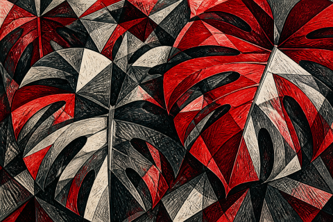 Abstract Geometric Desk Mat, Red Black White Monstera Leaf Design Mouse Pad