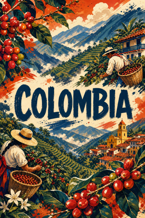 Colombia Coffee Farm Art Print, Vintage Style Travel Poster, South America Wall Decor
