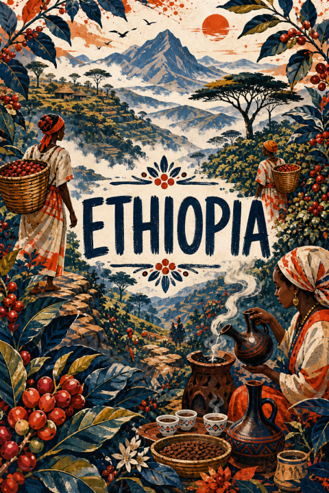 Ethiopian Coffee Harvest Wall Art, Vintage Travel Poster, African Home Decor