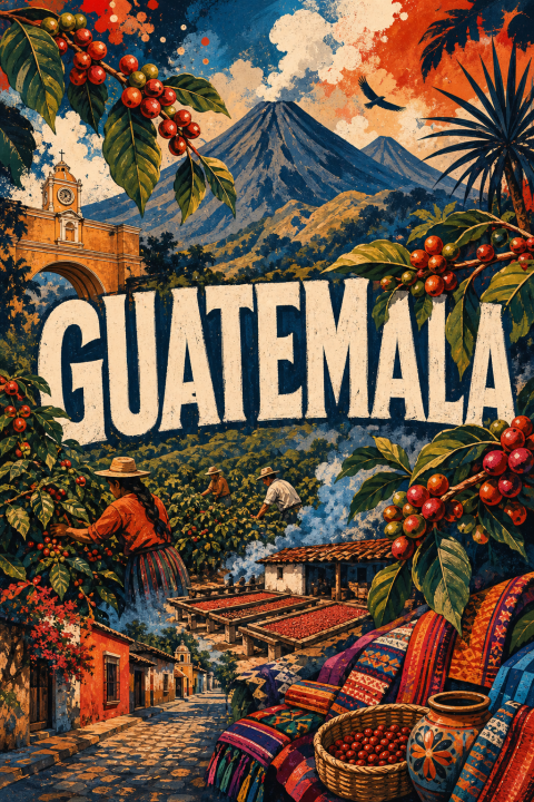 Guatemala Travel Art Print, Central America Coffee Culture Wall Decor, Vintage Style Poster