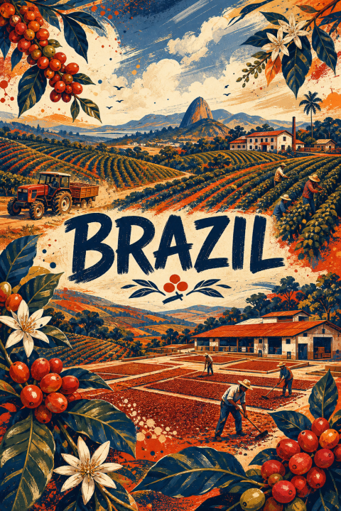 Brazil Coffee Plantation Wall Art, Vintage Travel Poster, South American Decor Print