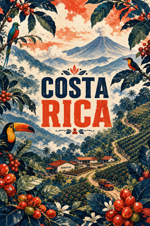 Costa Rica Travel Art Print, Vintage Coffee Farm Poster, Toucan Bird Wall Art