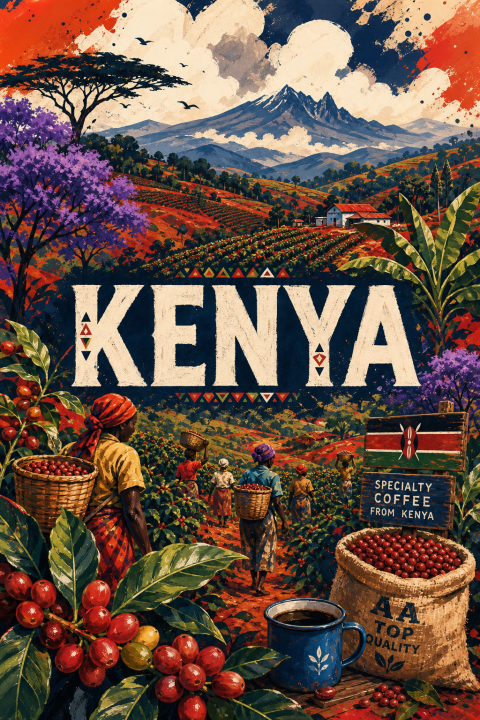 Kenya Coffee Plantation Art Print, African Landscape Travel Poster, Vintage Farm Wall Art