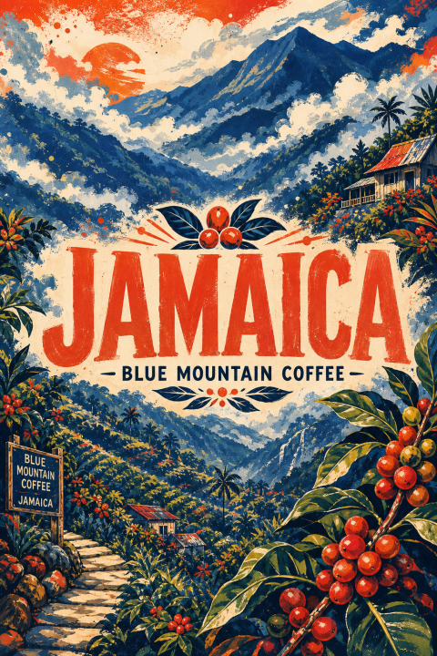 Jamaica Blue Mountain Coffee Print, Tropical Art Deco Travel Poster