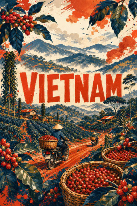 Vietnam Coffee Farm Wall Art, Vintage Travel Poster, Mid Century Modern Art Print