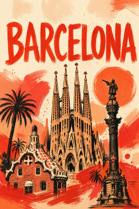 Barcelona Travel Poster, Spain City Wall Art, Sagrada Familia Print