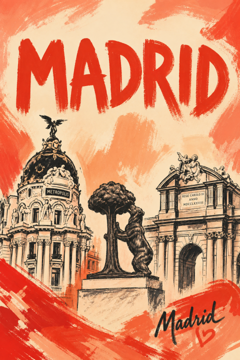 Madrid Travel Poster, Spain Cityscape Art Print, Vintage Style Wall Decor