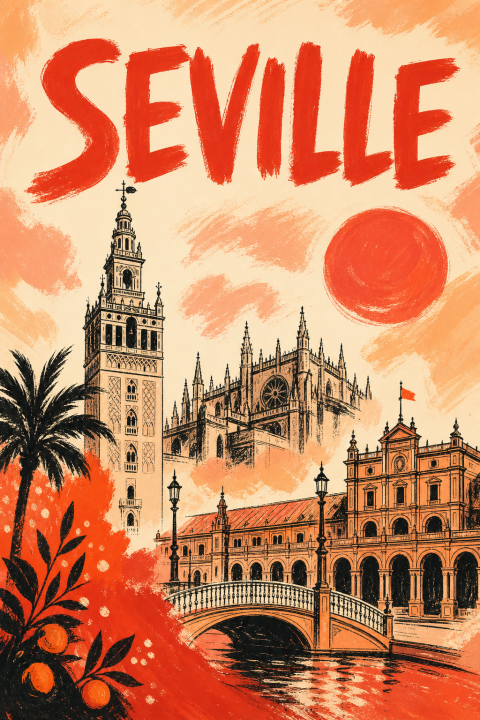 Seville Spain Travel Art, Andalusia Cityscape Poster, Giralda Cathedral Wall Print