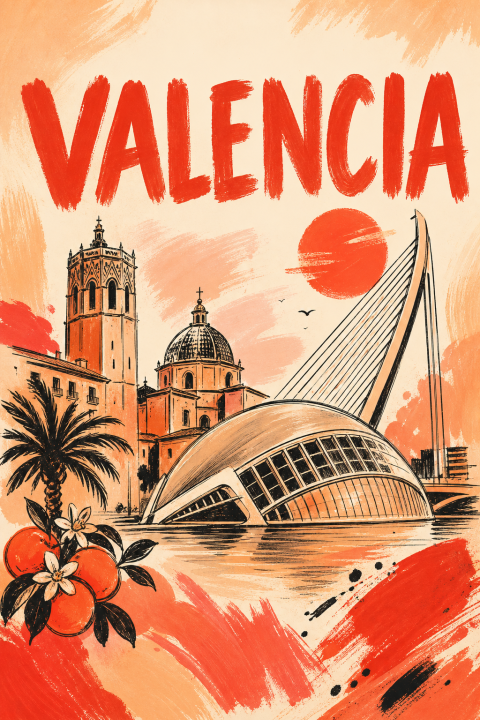 Valencia Travel Art, Spain Cityscape Poster, Orange Grove Vintage Print