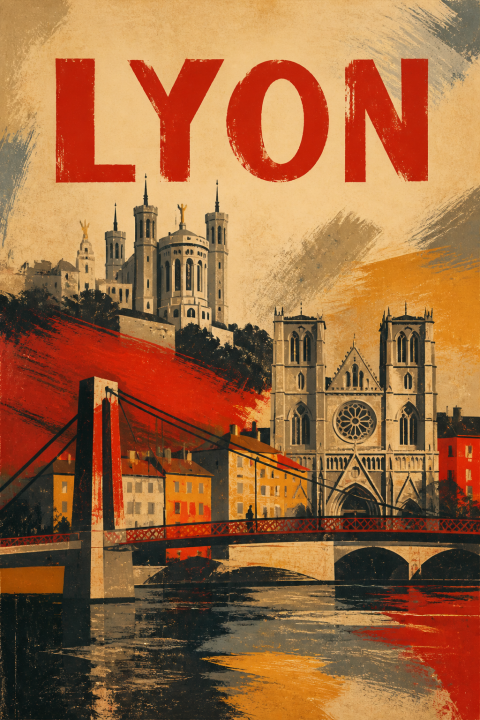 Lyon France Travel Poster, Vintage Cityscape Wall Art, French Souvenir Print
