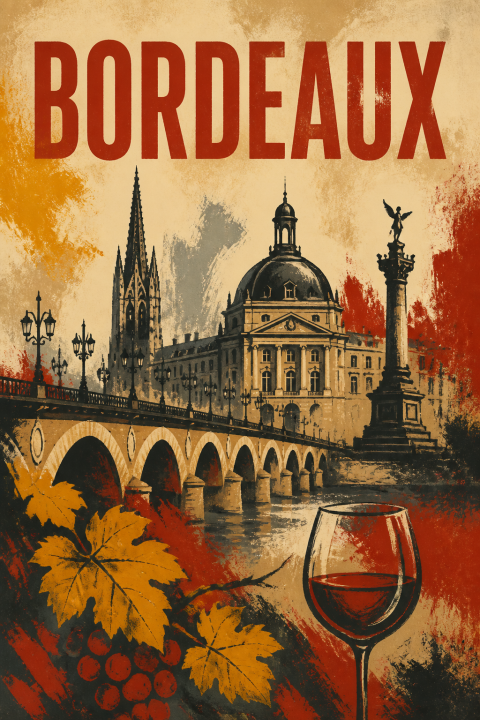Bordeaux Travel Wall Art, France Wine Country Print, Vintage City Poster