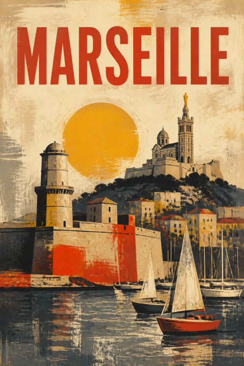 Marseille Travel Art Print, French Riviera Cityscape, Vintage Mediterranean Wall Art