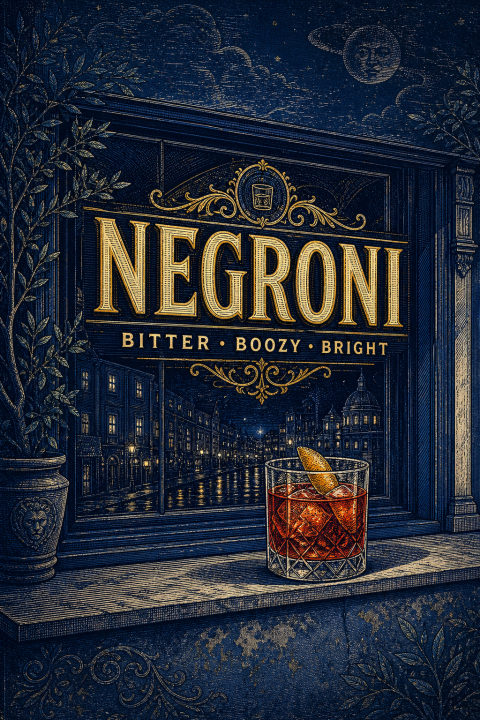 Negroni Cocktail Art Print, Vintage Bar Decor, Italian Aperitif Wall Art