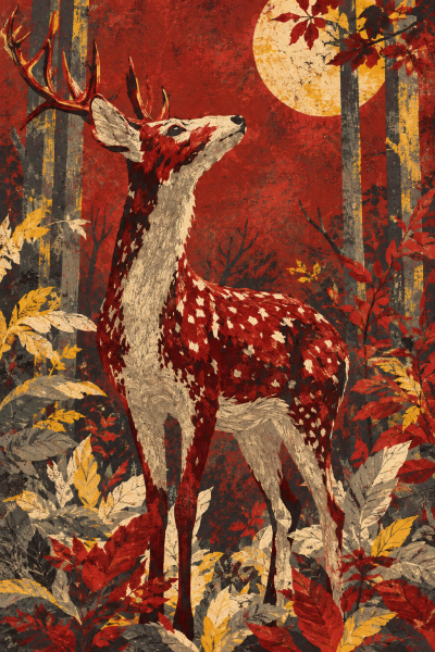 Deer Wall Art, Autumn Woodland Moon Poster, Rustic Forest Decor