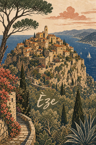 Èze Matte Poster, French Riviera Travel Art, Mediterranean Linocut Decor