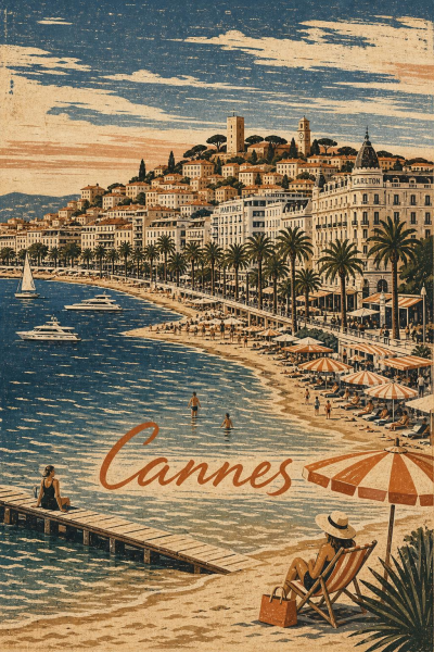 Cannes Poster, French Riviera Travel Art, Vintage Mediterranean Coastal Decor