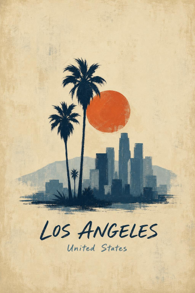 Los Angeles Wall Art, Retro California Travel Poster, Palm Tree City Decor