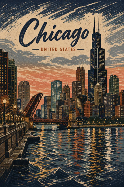 Chicago Skyline Poster, Vintage Travel Wall Art, Lake Michigan Cityscape