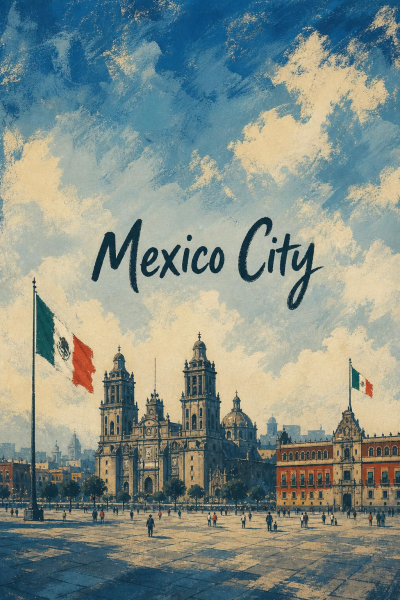 Mexico City Travel Poster, Vintage Zócalo Cathedral Wall Art