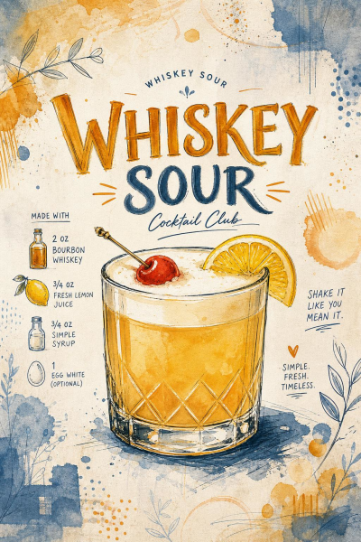 Whiskey Sour Wall Art, Cocktail Recipe Print, Bar Cart Decor