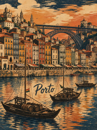 Porto Travel Poster, Portuguese Linocut Wall Art, Douro River Decor