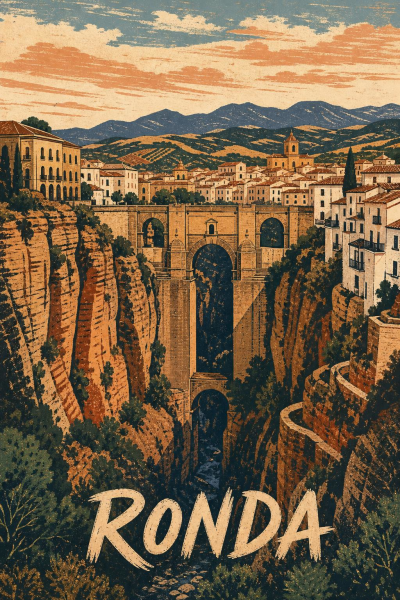 Ronda Matte Poster, Spanish Travel Art, Linocut Andalusia Decor