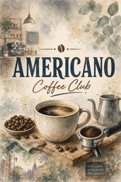 Coffee Club Wall Art, Americano Cafe Decor, Espresso Bar Watercolor Matte Poster