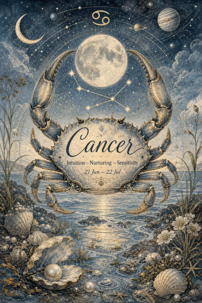 Cancer Zodiac Poster, Celestial Crab Astrology Wall Art