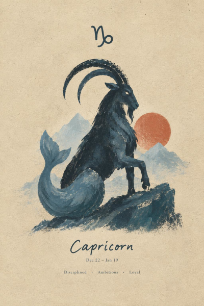 Capricorn Zodiac Poster, Celestial Sea Goat Astrology Wall Art