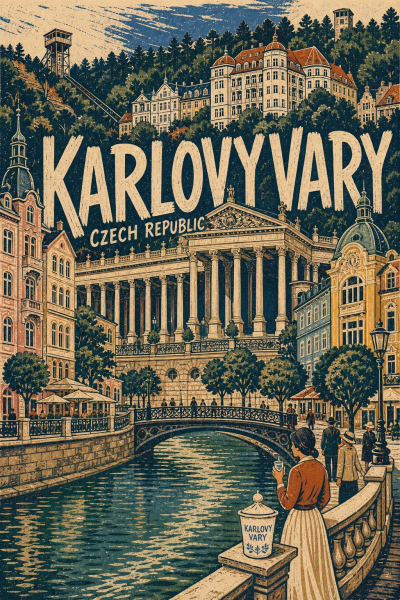 Karlovy Vary Travel Poster, Czech Republic Vintage Wall Art
