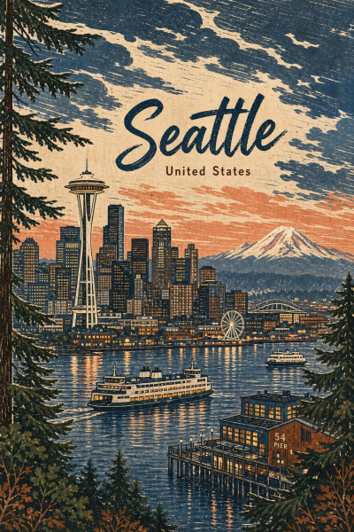 Seattle Matte Poster, Vintage Pacific Northwest Travel Art, Space Needle Skyline Decor