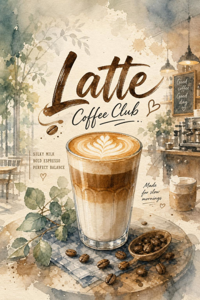 Latte Coffee Club Art Print, Watercolor Cafe Decor, Kitchen Coffee Poster