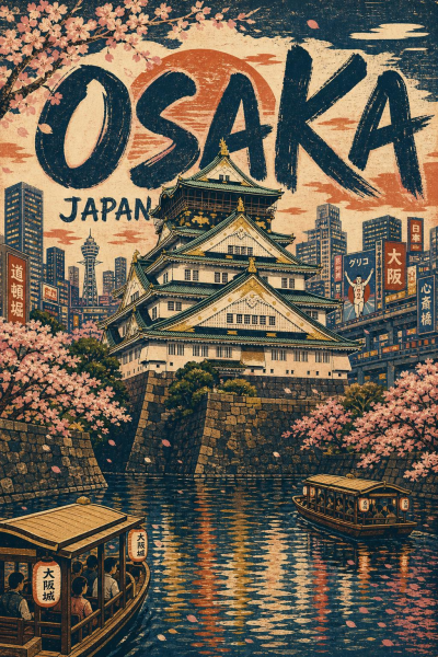 Osaka Castle Poster, Japanese Travel Art, Vintage City Wall Decor