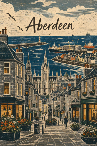 Aberdeen City Poster, Vintage Scotland Travel Art, Coastal Harbour Decor