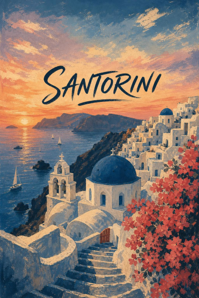 Santorini Travel Poster, Greek Island Sunset Wall Art, Mediterranean Decor