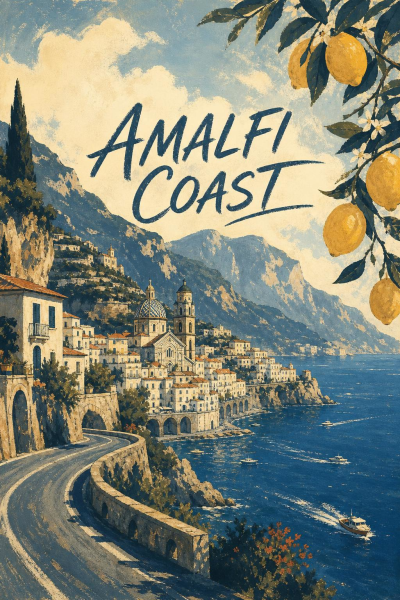 Amalfi Coast Poster, Vintage Italian Travel Art, Mediterranean Coastal Decor