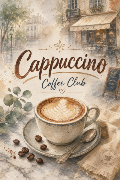Cappuccino Coffee Club Print, Vintage Coffee Shop Poster, Kitchen Wall Art